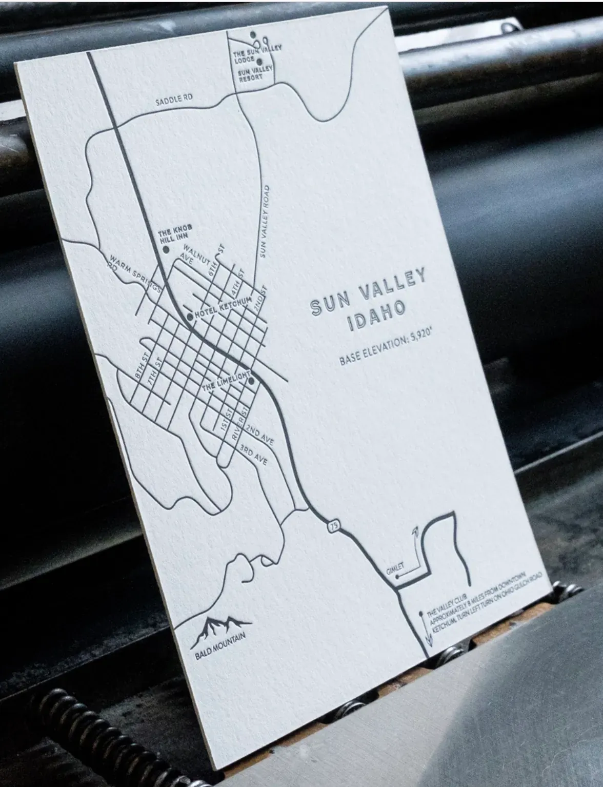 A letterpress map card showing deep impression in soft cotton stock